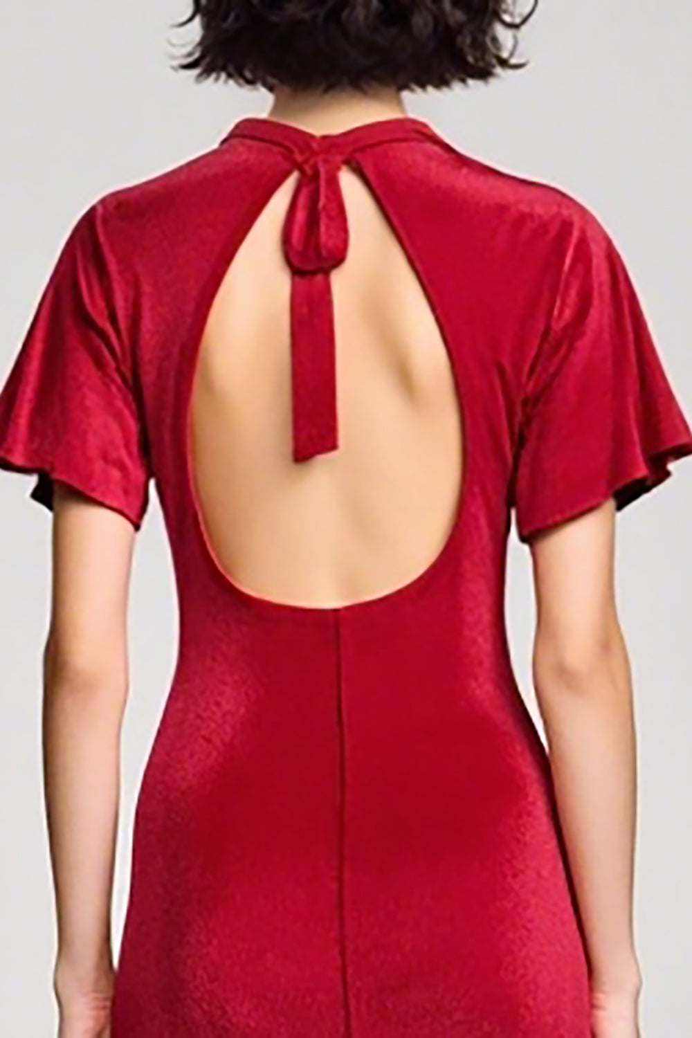 Rotes Hochzeitsgastkleid aus Samt mit V-Ausschnitt und Schlitz