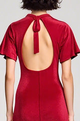 Rotes Hochzeitsgastkleid aus Samt mit V-Ausschnitt und Schlitz