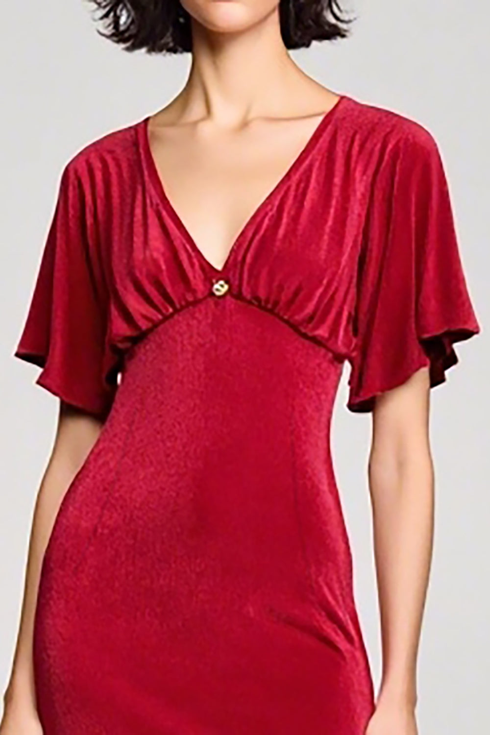 Rotes Hochzeitsgastkleid aus Samt mit V-Ausschnitt und Schlitz