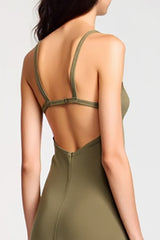 Olive Jersey Spaghettiträger A Linie Hochzeitsgastkleid