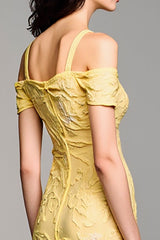 Kalte Schulter A Line Gelbes Jacquard Hochzeitsgastkleid
