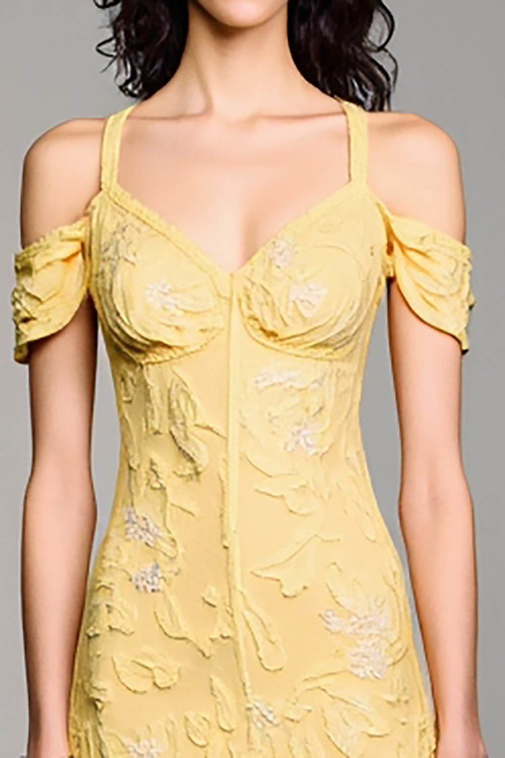 Kalte Schulter A Line Gelbes Jacquard Hochzeitsgastkleid