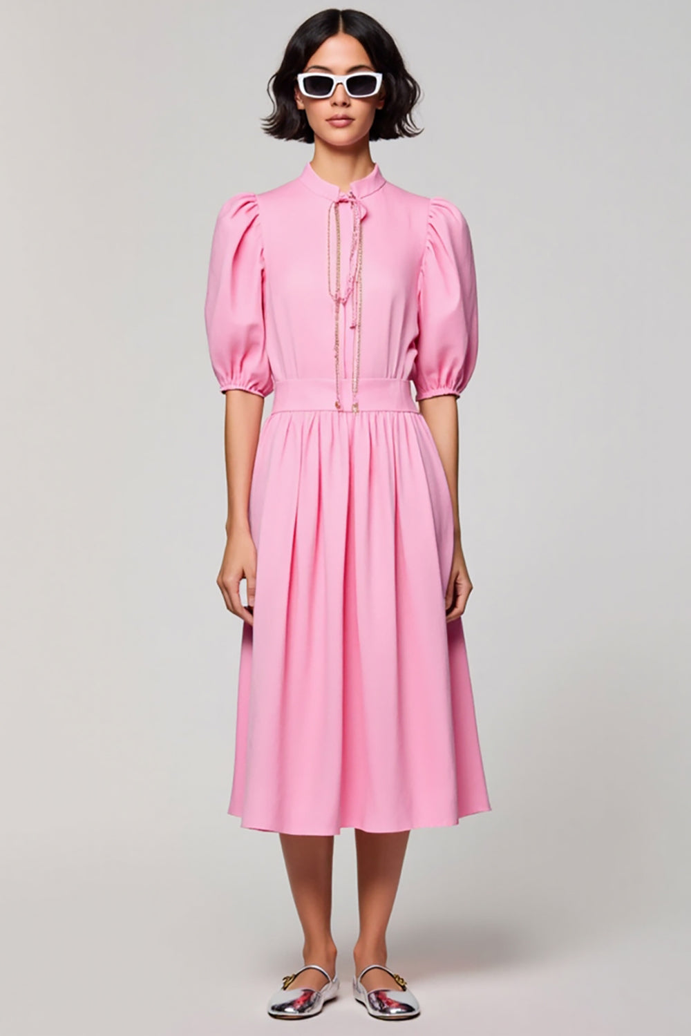 Rosa Baumwolle Gerafftes A-Linie Hochzeitsgastkleid
