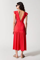 Rotes Chiffon A-Linie Hochzeitsgastkleid mit V-Ausschnitt