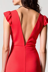 Rotes Chiffon A-Linie Hochzeitsgastkleid mit V-Ausschnitt