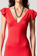 Rotes Chiffon A-Linie Hochzeitsgastkleid mit V-Ausschnitt