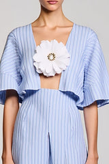 Blaues A-Linie Gestreiftes 3D-Blumen Kleid für Hochzeitsgäste