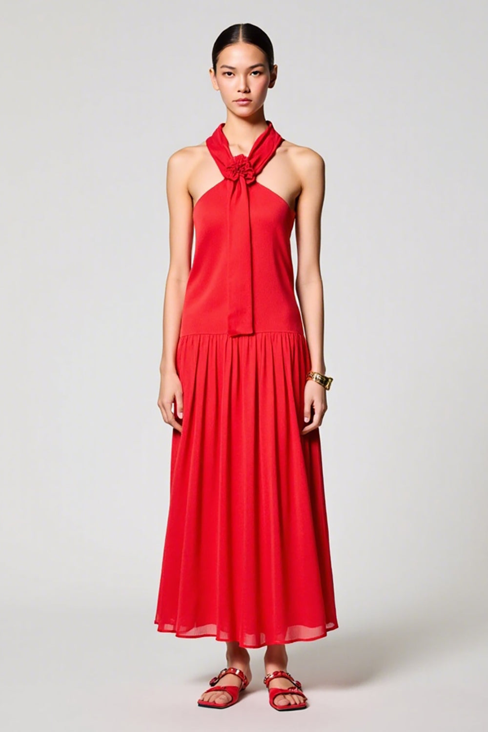 Rotes Neckholder Chiffon A-Linie Hochzeitsgastkleid