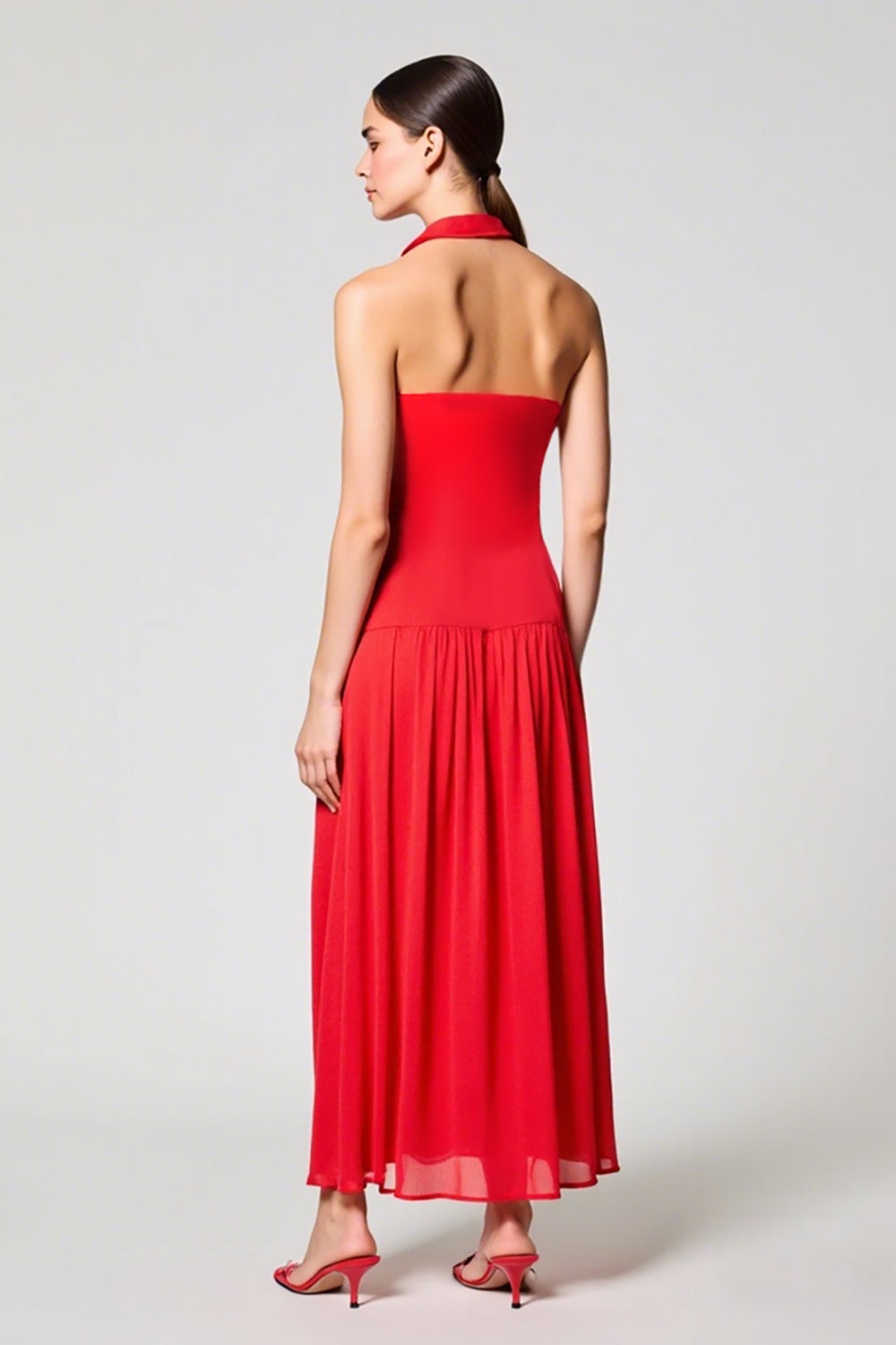 Rotes Neckholder Chiffon A-Linie Hochzeitsgastkleid