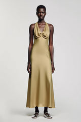 Goldenes Neckholder Satin A-Linie Hochzeitsgastkleid