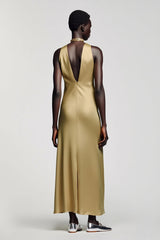 Goldenes Neckholder Satin A-Linie Hochzeitsgastkleid