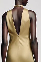 Goldenes Neckholder Satin A-Linie Hochzeitsgastkleid