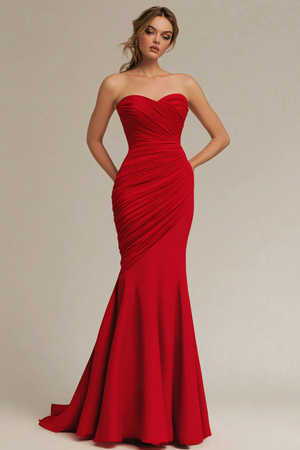Trägerloses Satin Rotes Plissee Meerjungfrauen Abendkleid