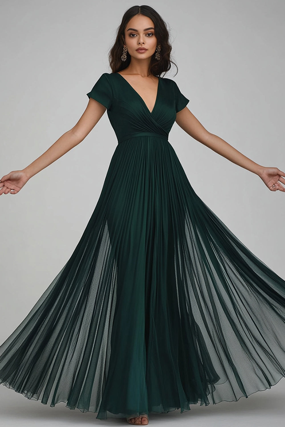 Dunkelgrünes Chiffon Abendkleid mit V-Ausschnitt in A-Linie