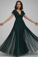 Dunkelgrünes Chiffon Abendkleid mit V-Ausschnitt in A-Linie