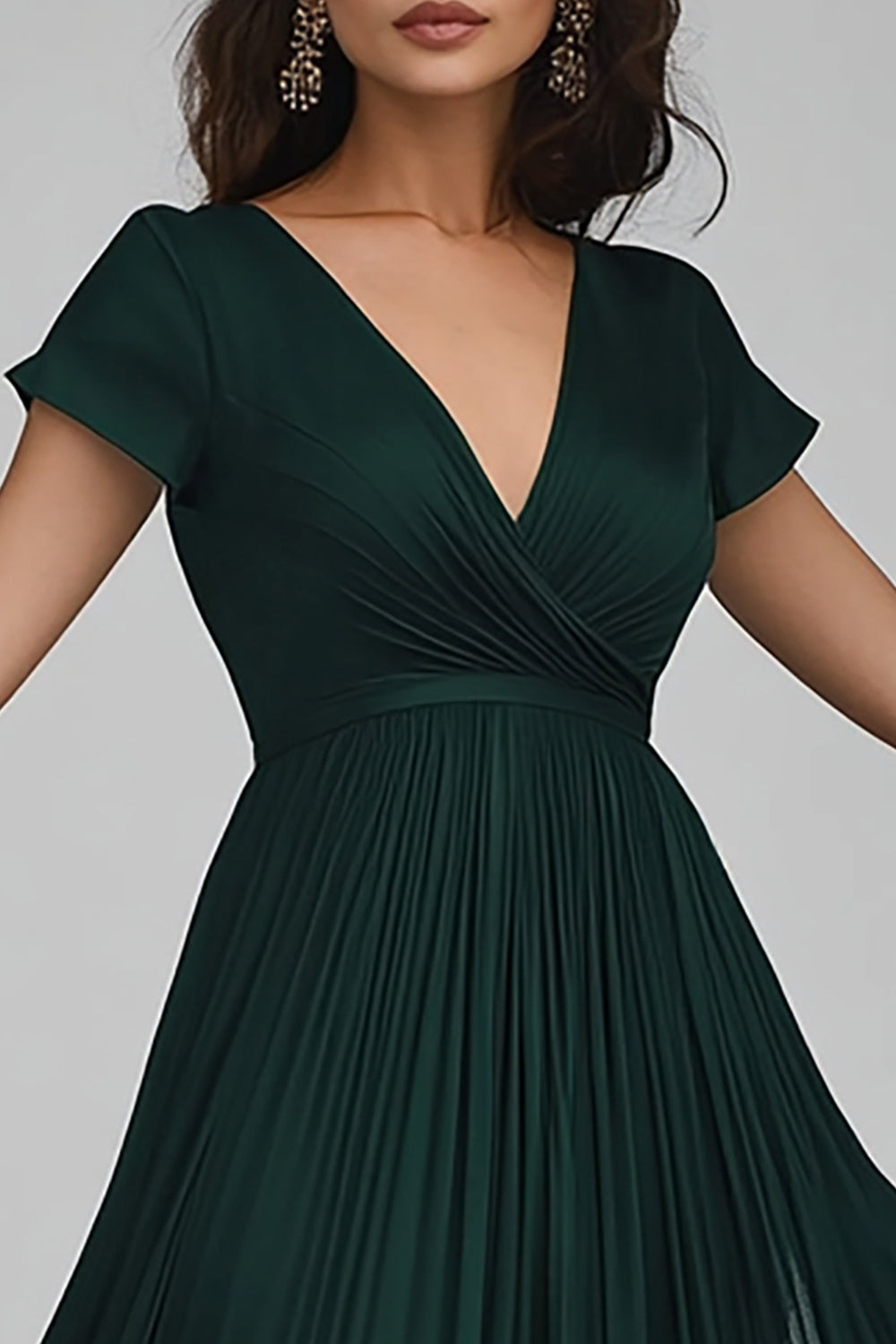 Dunkelgrünes Chiffon Abendkleid mit V-Ausschnitt in A-Linie