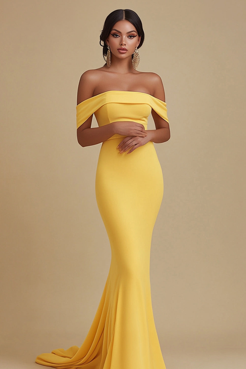 Gelbes Meerjungfrau Schulterfreies Abendkleid aus mattem Satin
