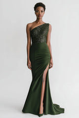 Glitzerndes Olive Satin Meerjungfrauen Abendkleid mit Schlitz