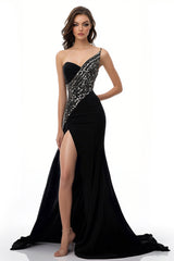 Glitzerndes Schwarzes A-Linie Abendkleid mit einer Schulter und Schlitz