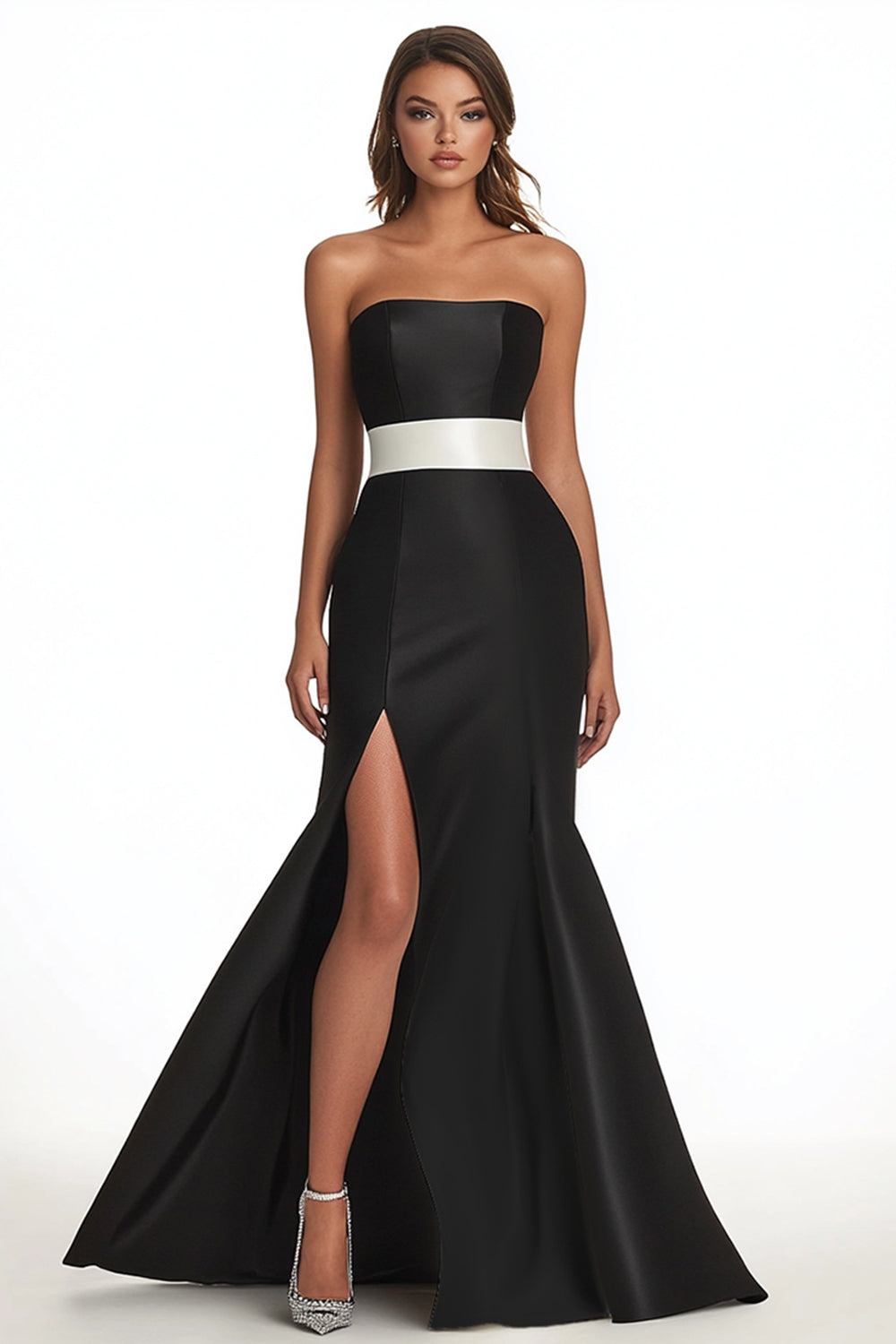 Schwarzes Satin Meerjungfrauen Trägerloses Langes Abendkleid mit Schlitz