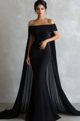 Schwarzes Schulterfreies Meerjungfrauen Abendkleid mit Umhang
