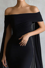 Schwarzes Schulterfreies Meerjungfrauen Abendkleid mit Umhang
