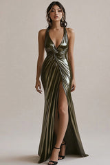 Olive Metallic Meerjungfrauen Abendkleid mit Rüschen und Schlitz