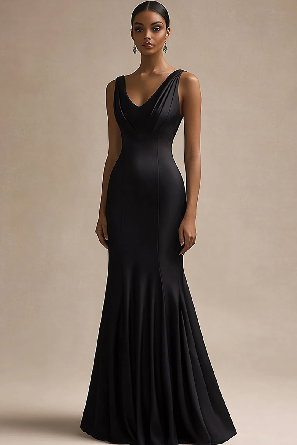 Schwarzes Langes Meerjungfrauen Abendkleid aus Satin mit V-Ausschnitt