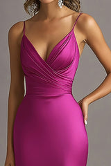 Fuchsia Langes Abendkleid mit V-Ausschnitt und Rüschen