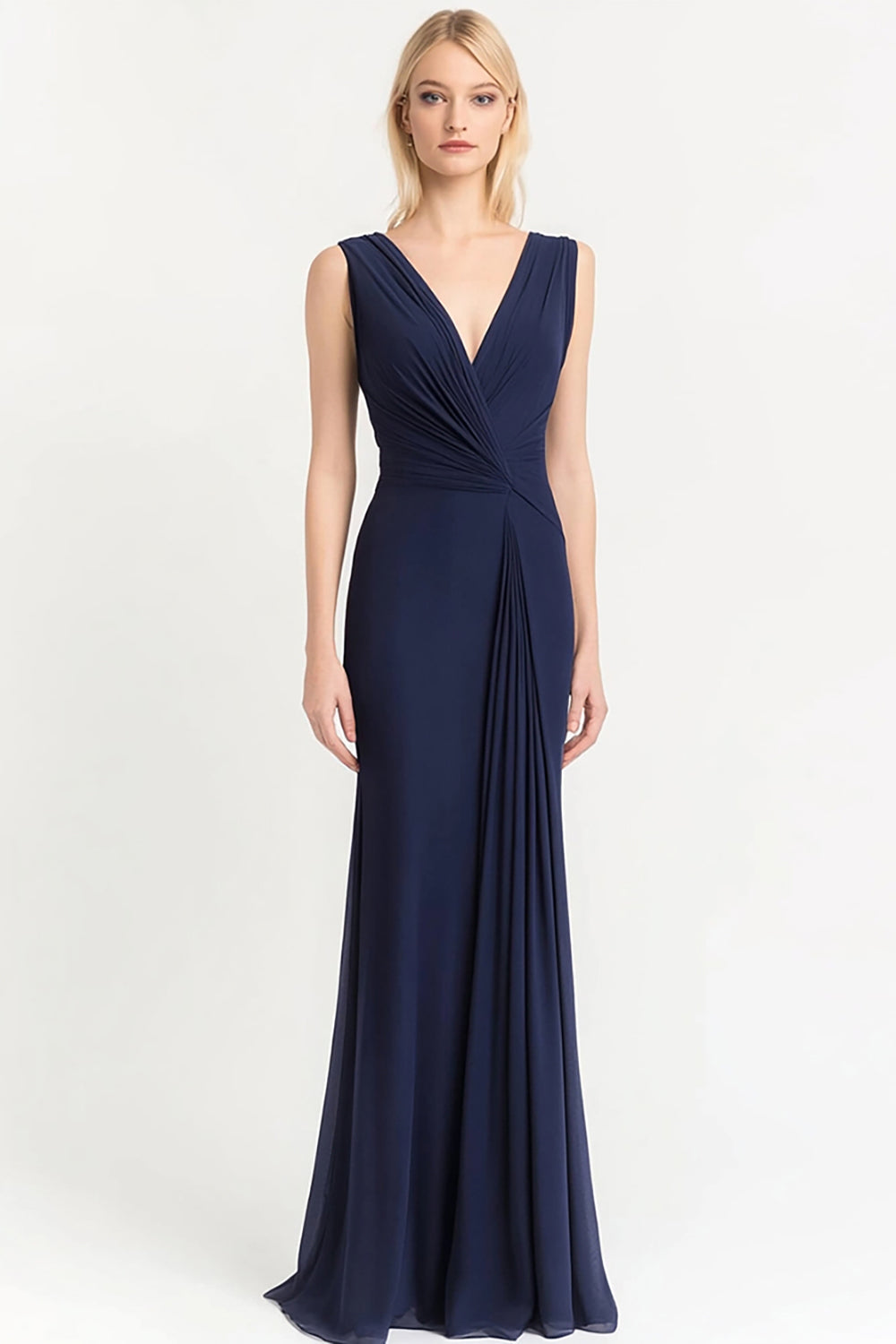 Marineblaues Langes Etui Abendkleid mit V-Ausschnitt und Rüschen