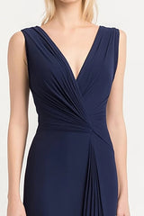 Marineblaues Langes Etui Abendkleid mit V-Ausschnitt und Rüschen