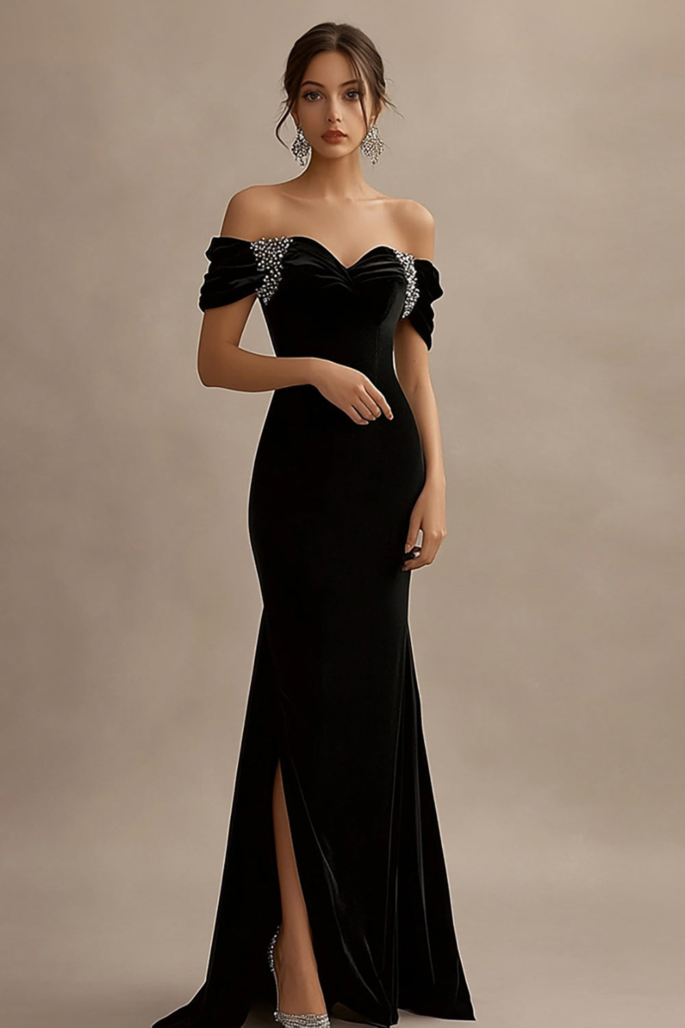 Schulterfreies Schwarzes Meerjungfrauen Abendkleid mit Perlenstickerei