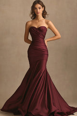 Burgundy Herzausschnitt Gerafftes Langes Abendkleid