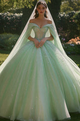 Glitzer Schulterfreies Hellgrünes Ballkleid Quinceanera-Kleid mit Pailletten