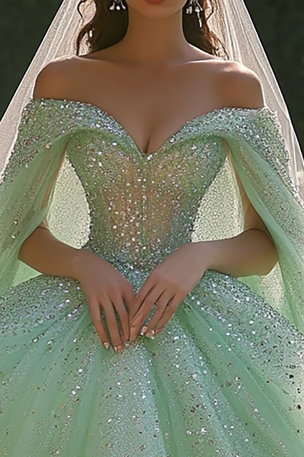 Glitzer Schulterfreies Hellgrünes Ballkleid Quinceanera-Kleid mit Pailletten