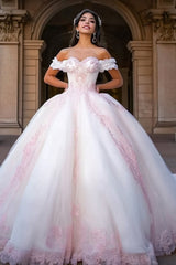 Weißes Rosa Ballkleid Prinzessin Tüll Langes Quinceanera Kleid mit Applikationen