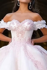 Weißes Rosa Ballkleid Prinzessin Tüll Langes Quinceanera Kleid mit Applikationen