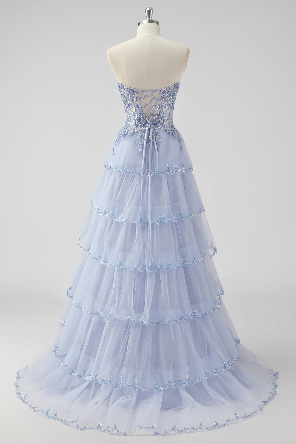 Lavenel A-Linie Trägerloses Pailletten Korsett Gestuftes Ballkleid mit Schlitz