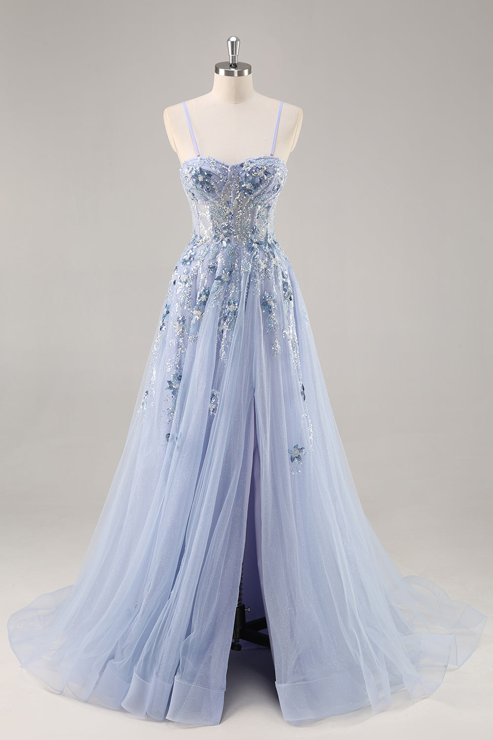 Blaues Trägerloses A-Linie Pailletten Tüll Korsett Langes Ballkleid mit Schlitz