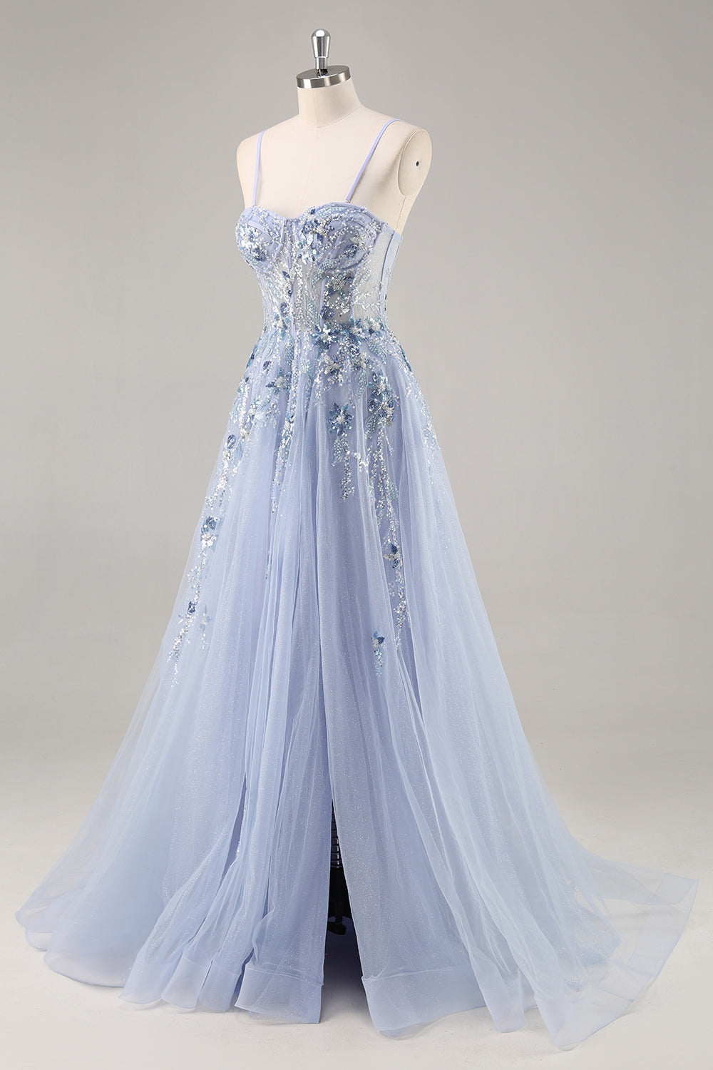 Blaues Trägerloses A-Linie Pailletten Tüll Korsett Langes Ballkleid mit Schlitz