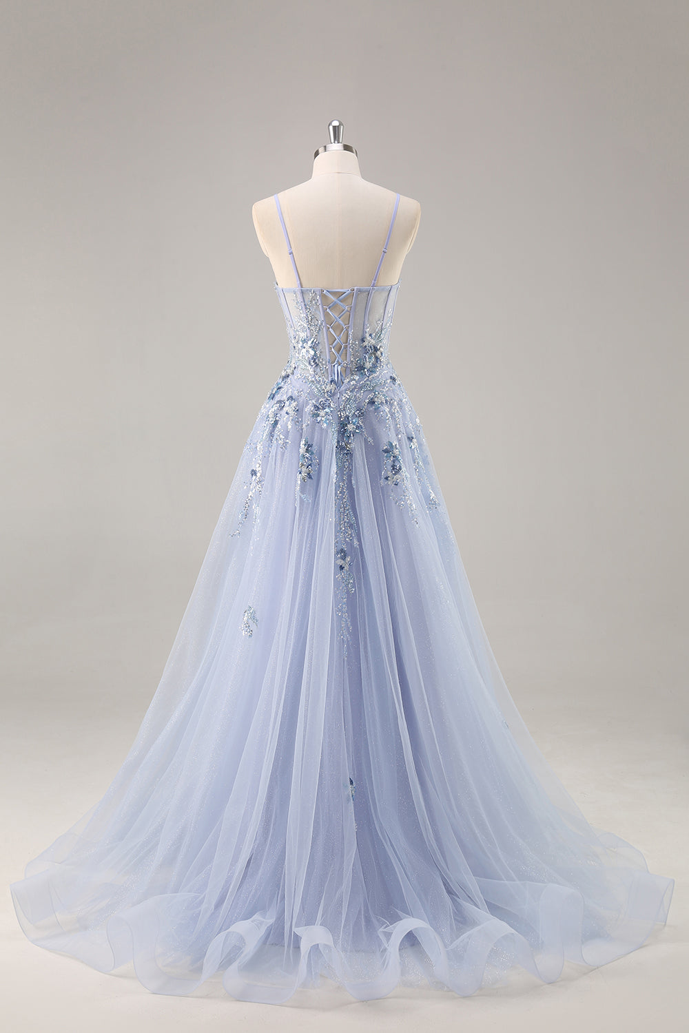 Blaues Trägerloses A-Linie Pailletten Tüll Korsett Langes Ballkleid mit Schlitz