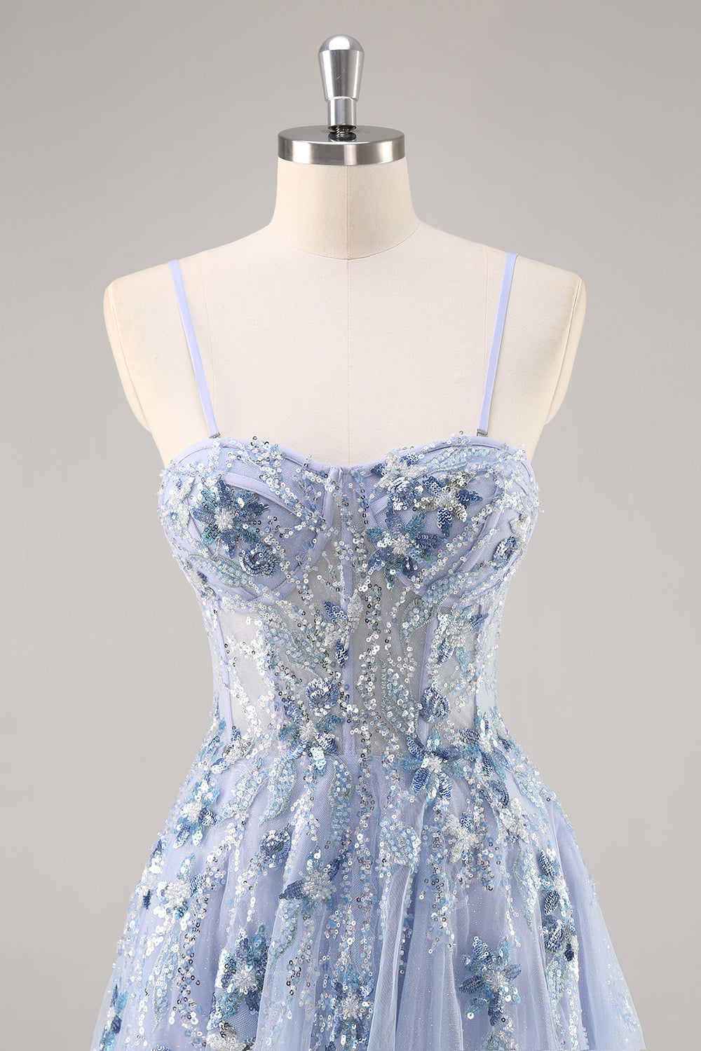Blaues Trägerloses A-Linie Pailletten Tüll Korsett Langes Ballkleid mit Schlitz