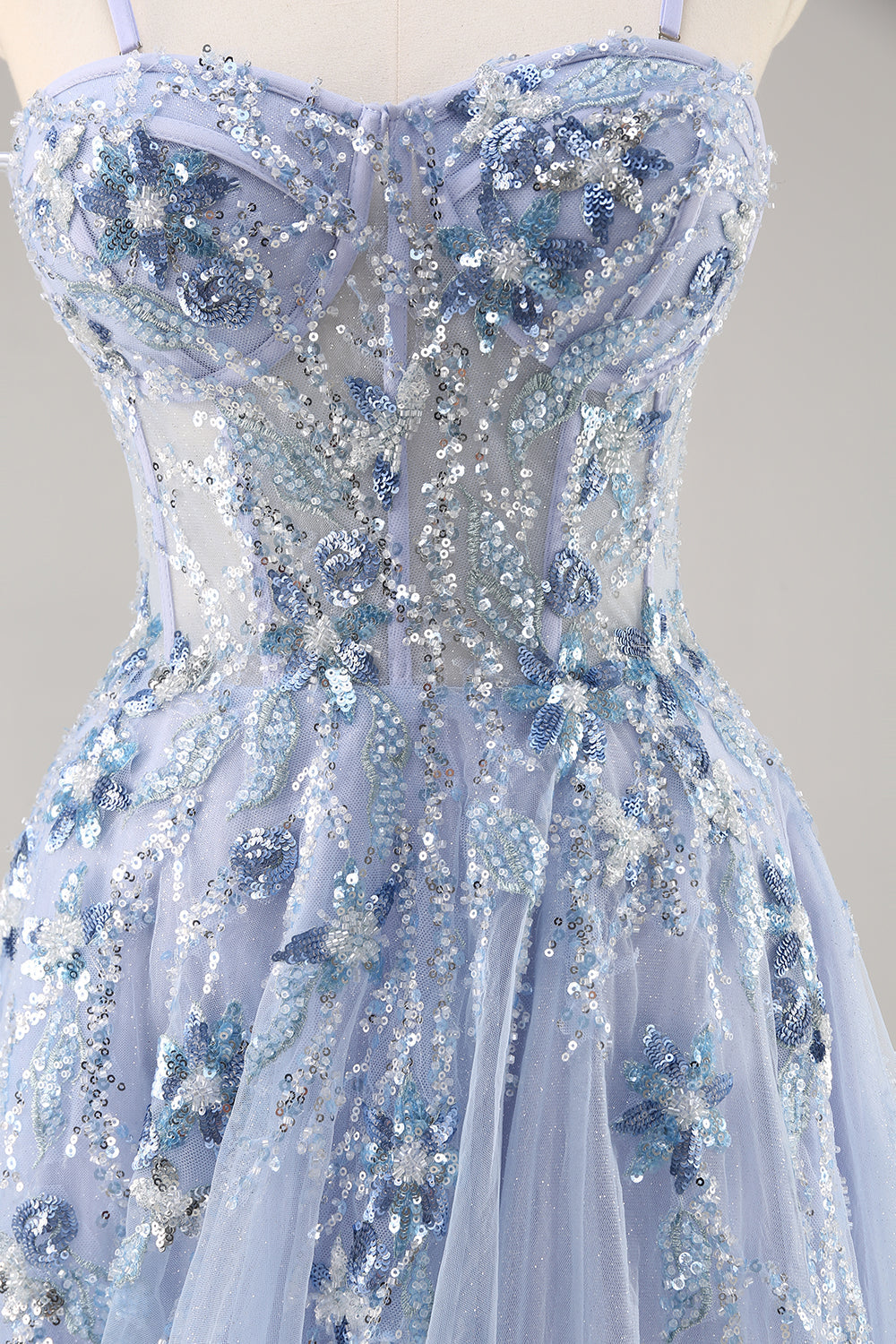 Blaues Trägerloses A-Linie Pailletten Tüll Korsett Langes Ballkleid mit Schlitz