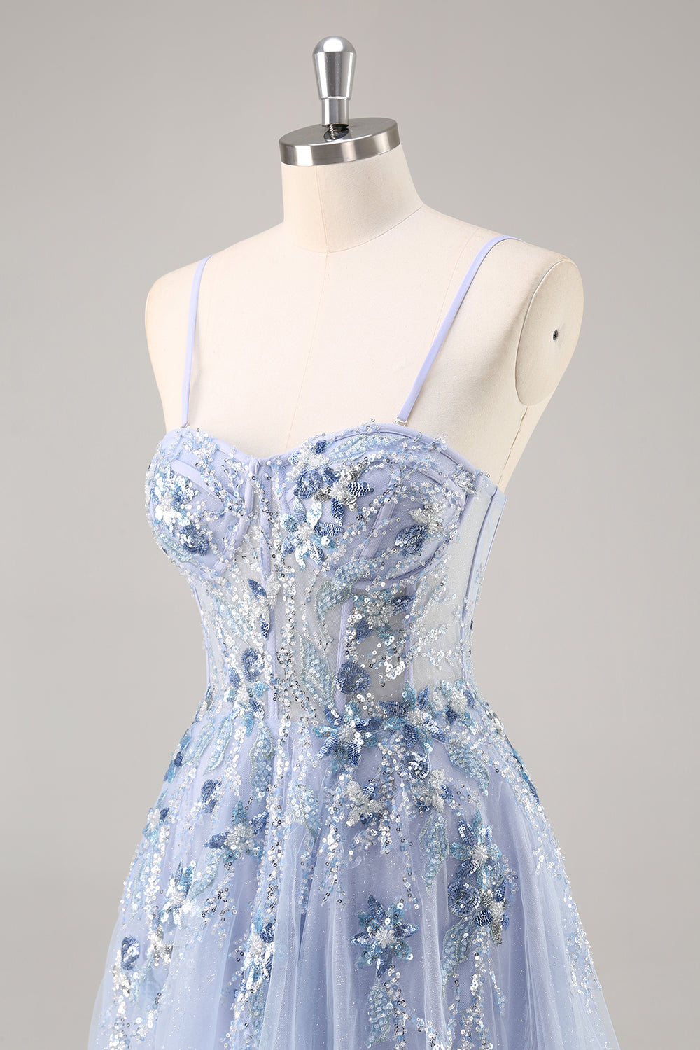 Blaues Trägerloses A-Linie Pailletten Tüll Korsett Langes Ballkleid mit Schlitz