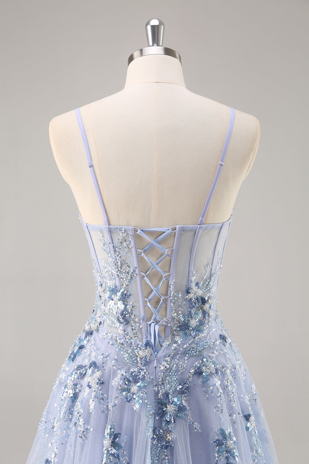 Blaues Trägerloses A-Linie Pailletten Tüll Korsett Langes Ballkleid mit Schlitz