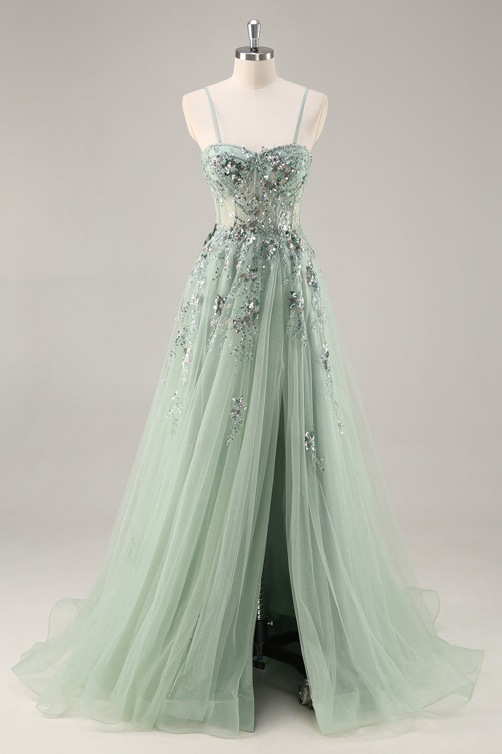 Blaues Trägerloses A-Linie Pailletten Tüll Korsett Langes Ballkleid mit Schlitz