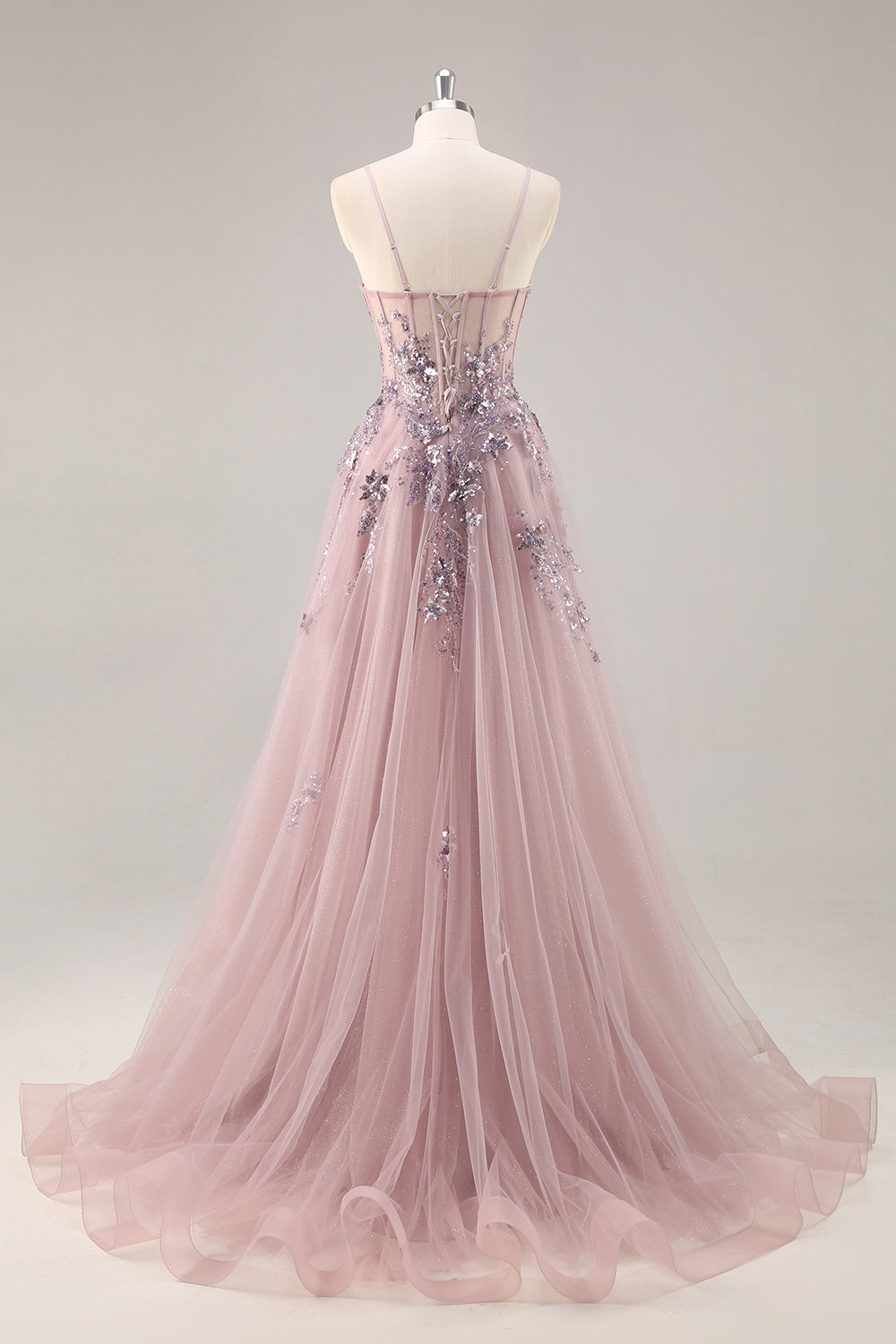 Blaues Trägerloses A-Linie Pailletten Tüll Korsett Langes Ballkleid mit Schlitz