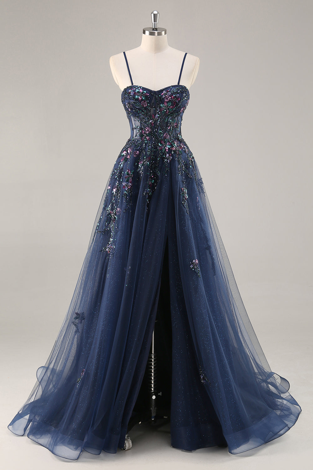Blaues Trägerloses A-Linie Pailletten Tüll Korsett Langes Ballkleid mit Schlitz