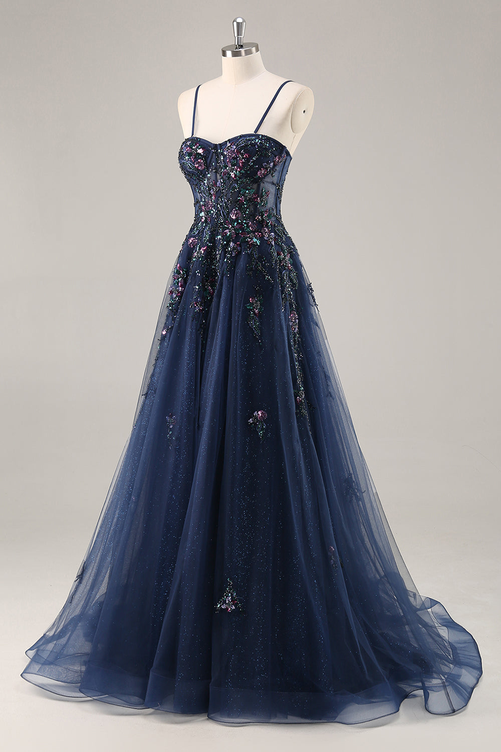 Blaues Trägerloses A-Linie Pailletten Tüll Korsett Langes Ballkleid mit Schlitz
