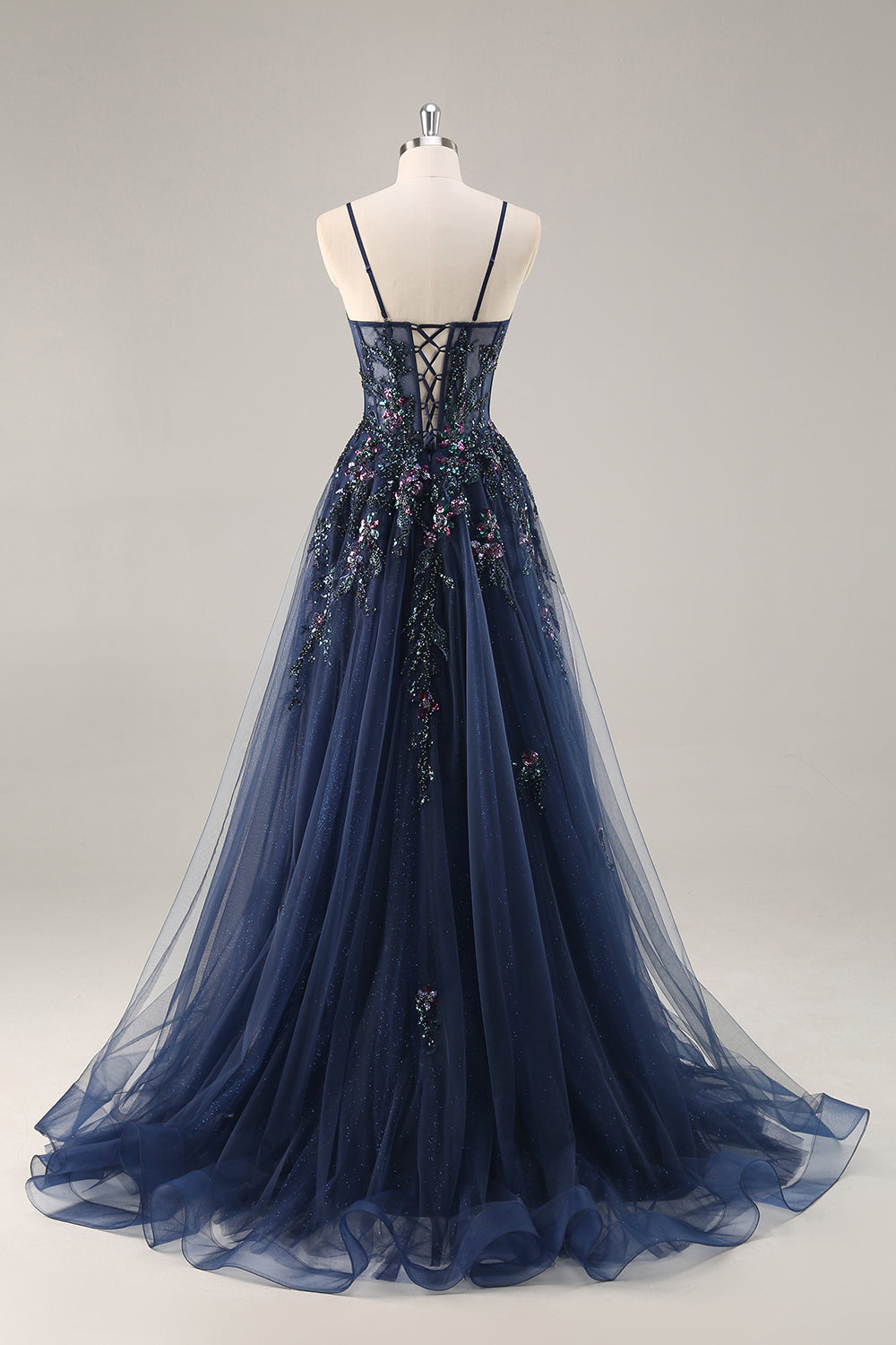 Blaues Trägerloses A-Linie Pailletten Tüll Korsett Langes Ballkleid mit Schlitz